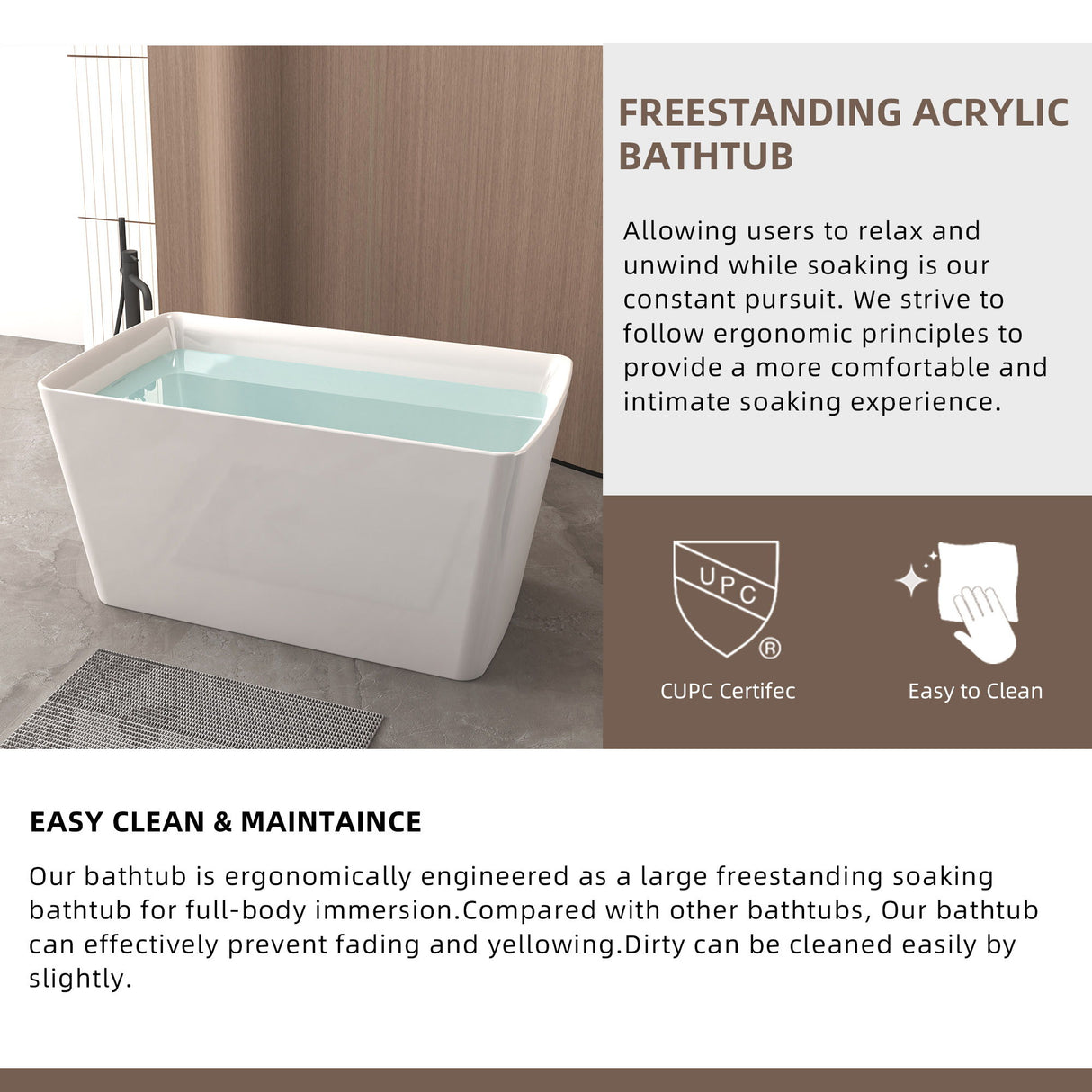 Freestanding Bathtub With Built In Seat, Rectangle Shape, Invisible Overflow & Pop Up Drain - Gloss White