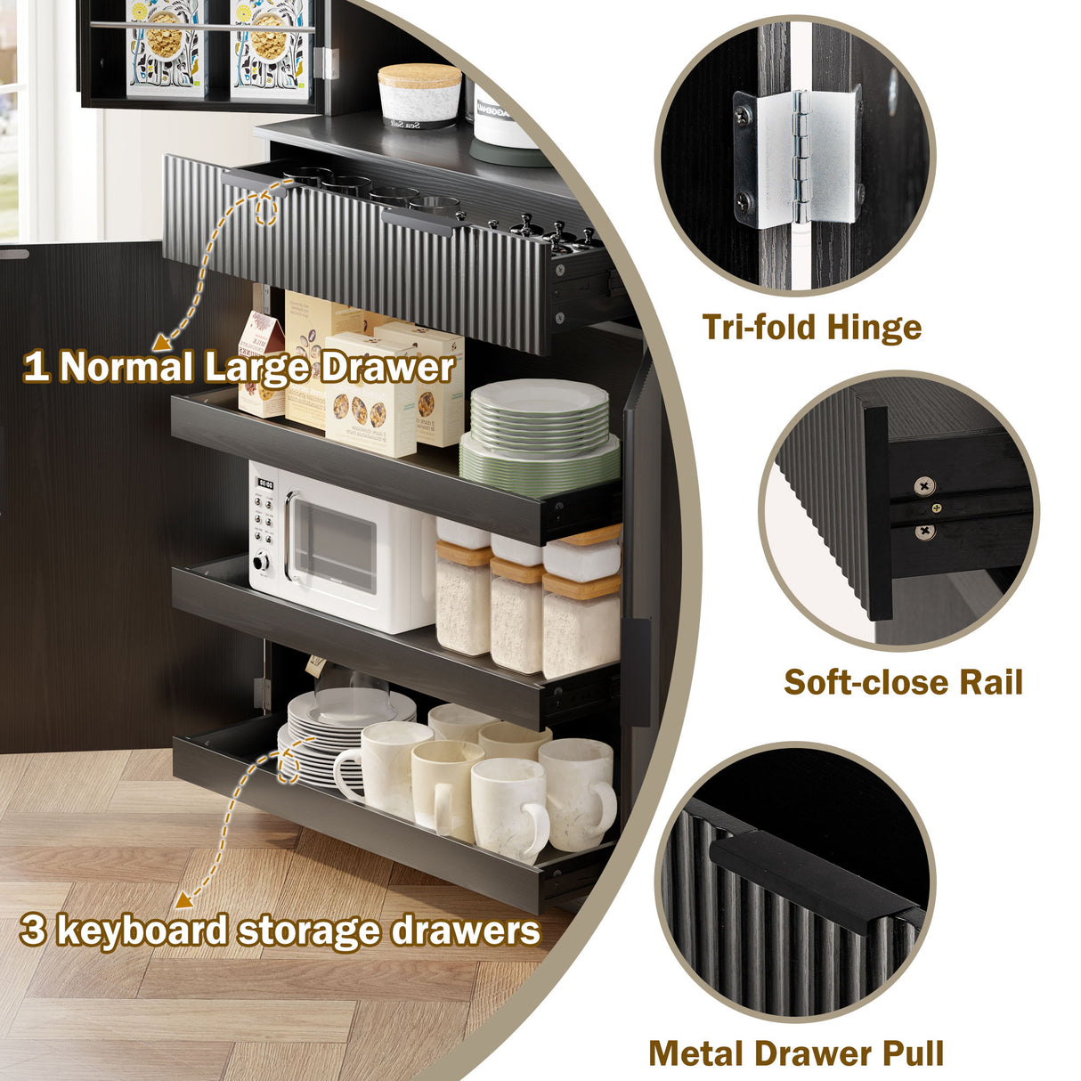 Fluted Kitchen Pantry Cabinet With 3 Keyboard Drawers & 6 Door Shelves Adjustable