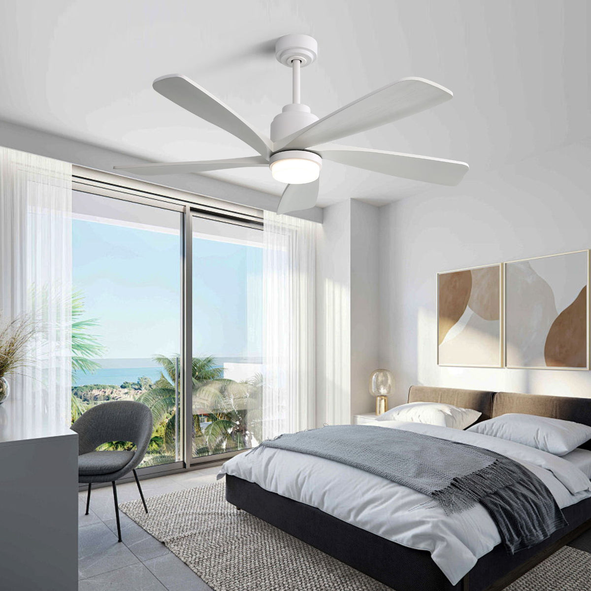 52" Ceiling Fan With Dimmable LED Light, 5 Blades, Reversible DC Motor, Smart Remote Control - White