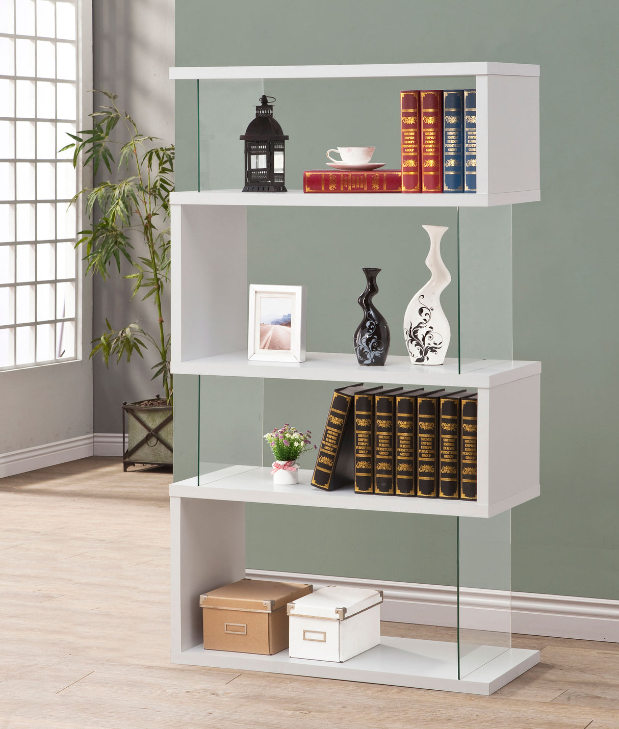 Emelle 63-Inch 4-Shelf Glass Panel Bookshelf in White