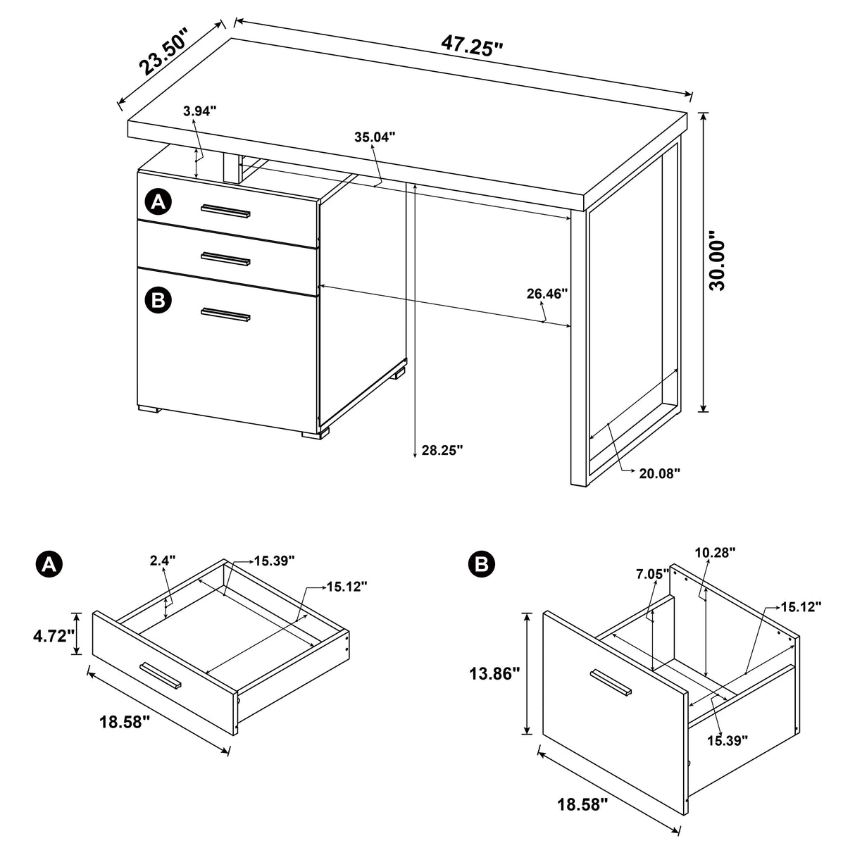 Brennan 47-Inch 3-Drawer Office Computer Desk, White