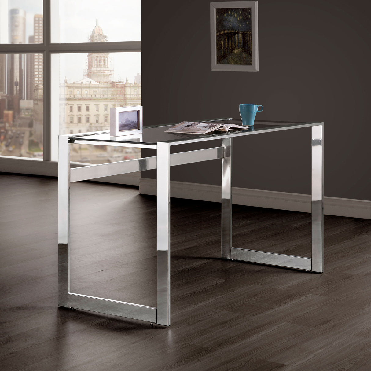 Hartford 47-Inch Glass Top Writing Desk Chrome