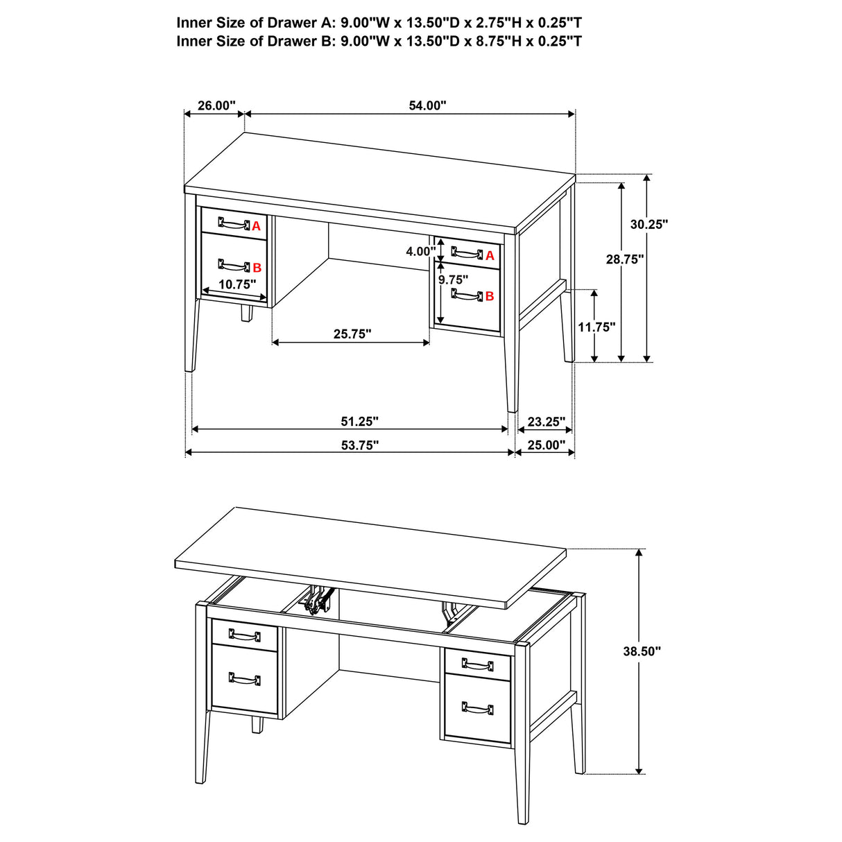 Graham 54" Lift Top Computer Desk with 4 Drawers, Chocolate