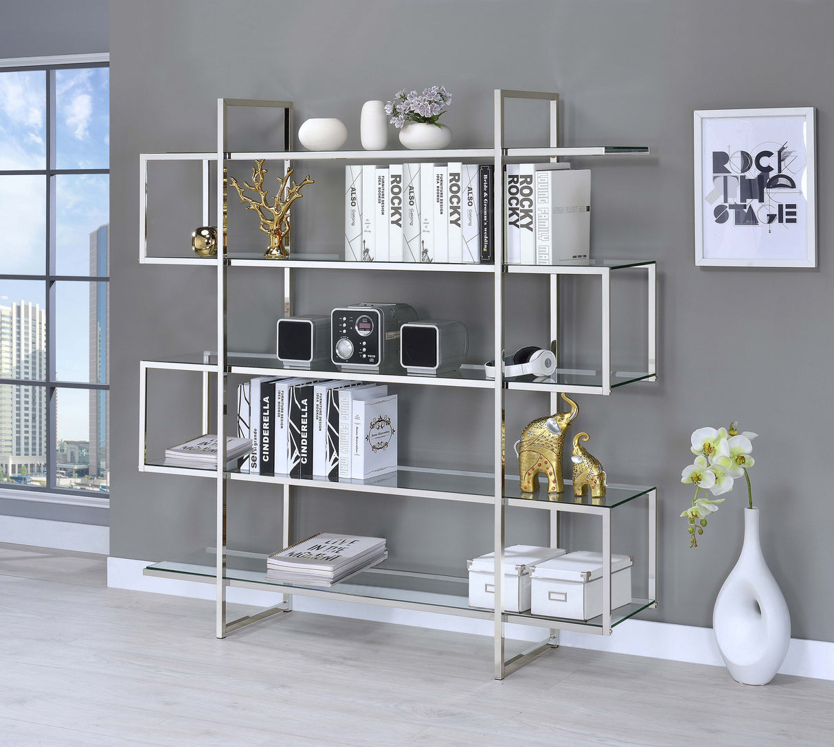 Elmer 63-Inch 5-Shelf Bookshelf in Clear Glass and Chrome