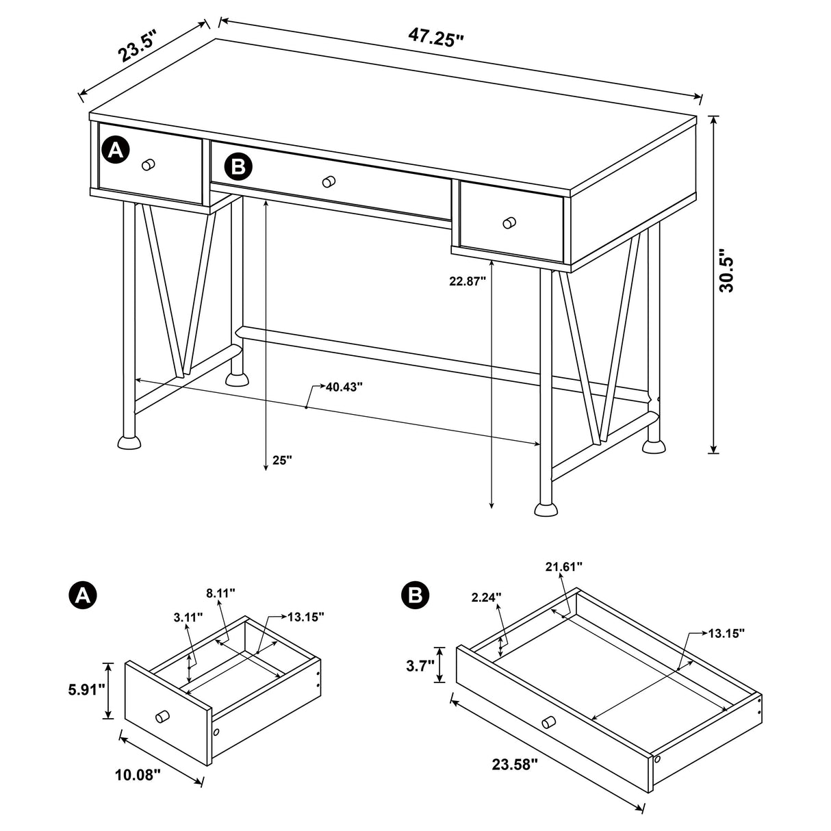 Analiese 47-Inch 3-Drawer Writing Desk in Mango