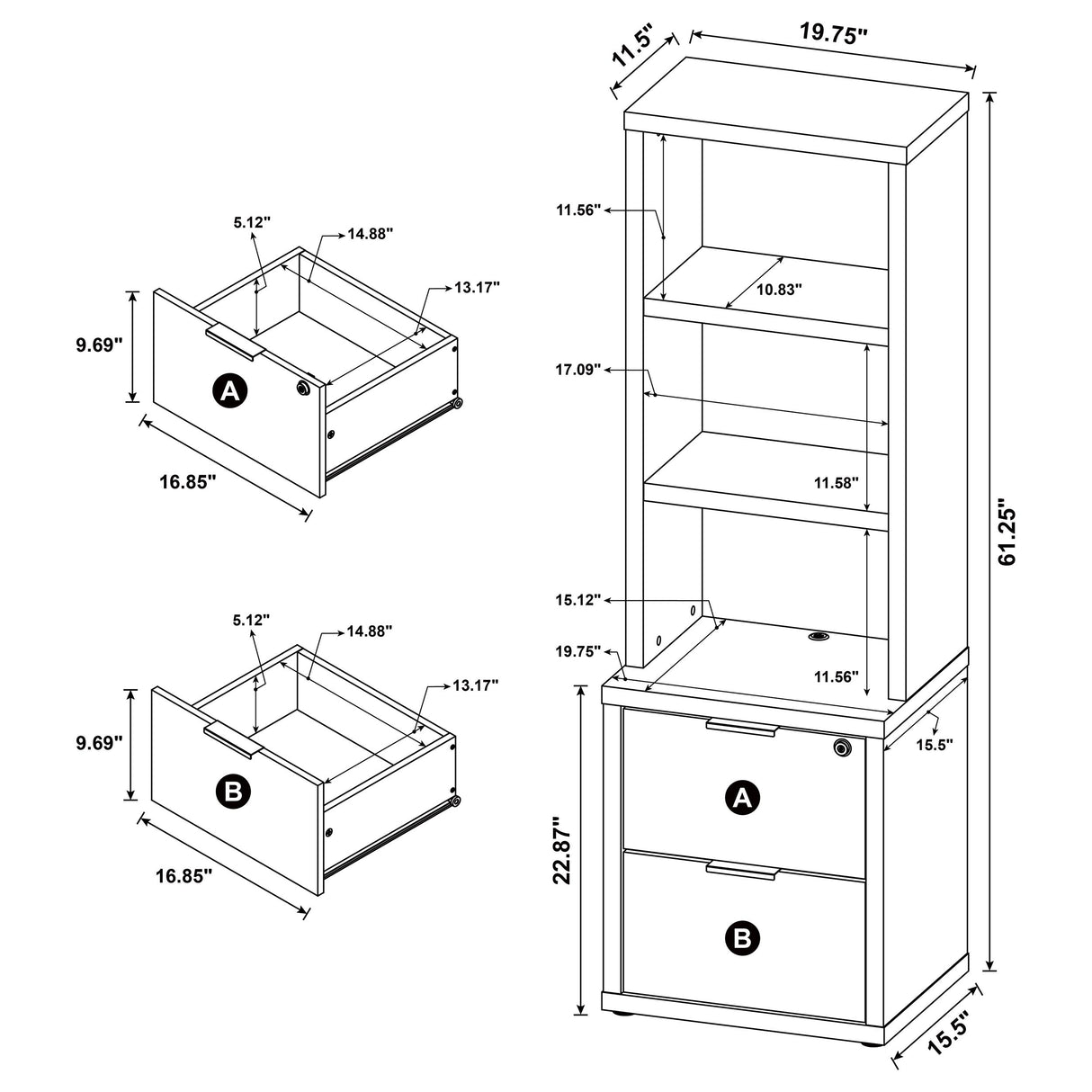 Westpark 3-Shelf Bookcase with USB and Lockable Drawer