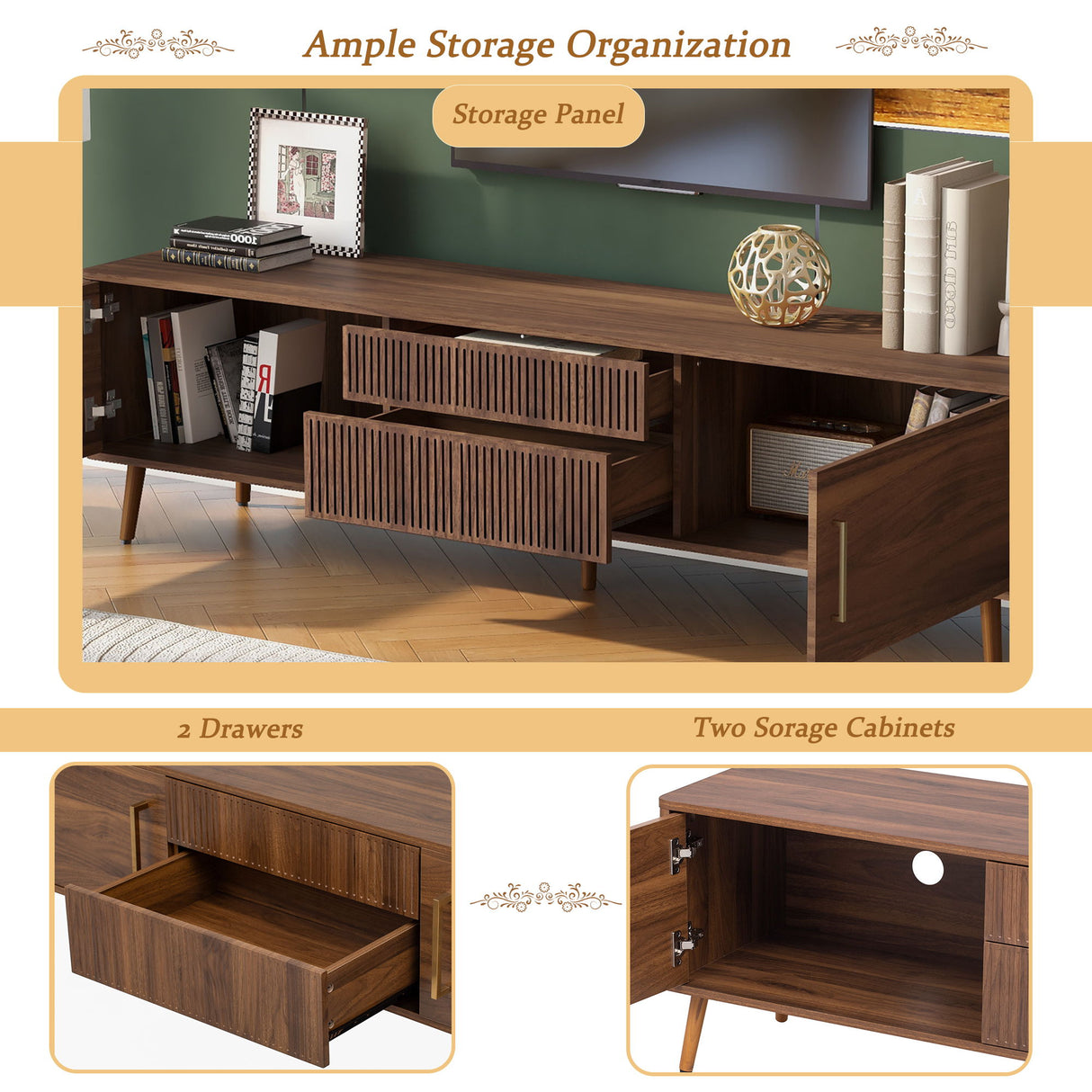 TV Stand With 2 Drawers, Media Console Table For TVs Up To 80'' For Living Room - Walnut