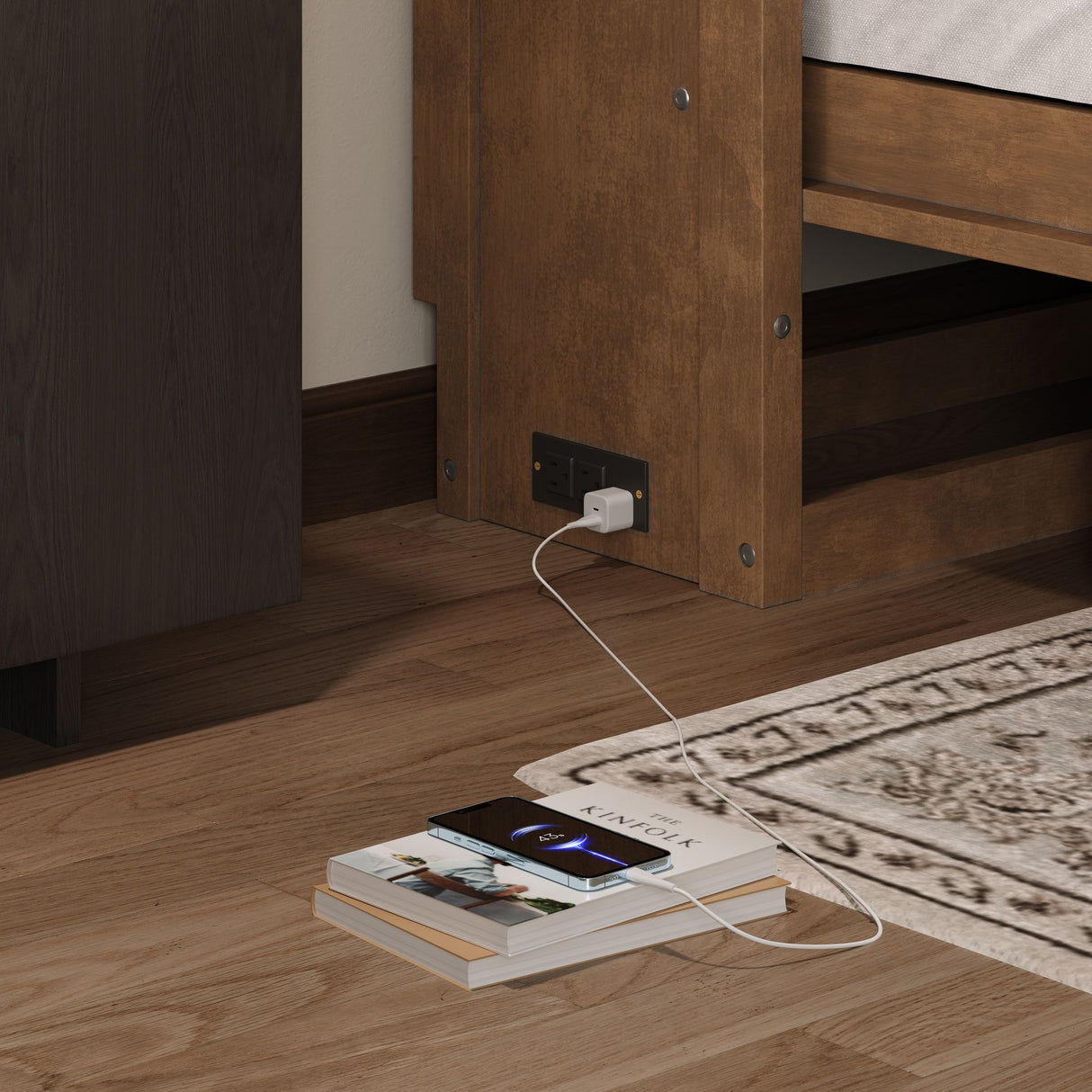 Twin Size Murphy Bed With Charging Station And Drawer - Wood