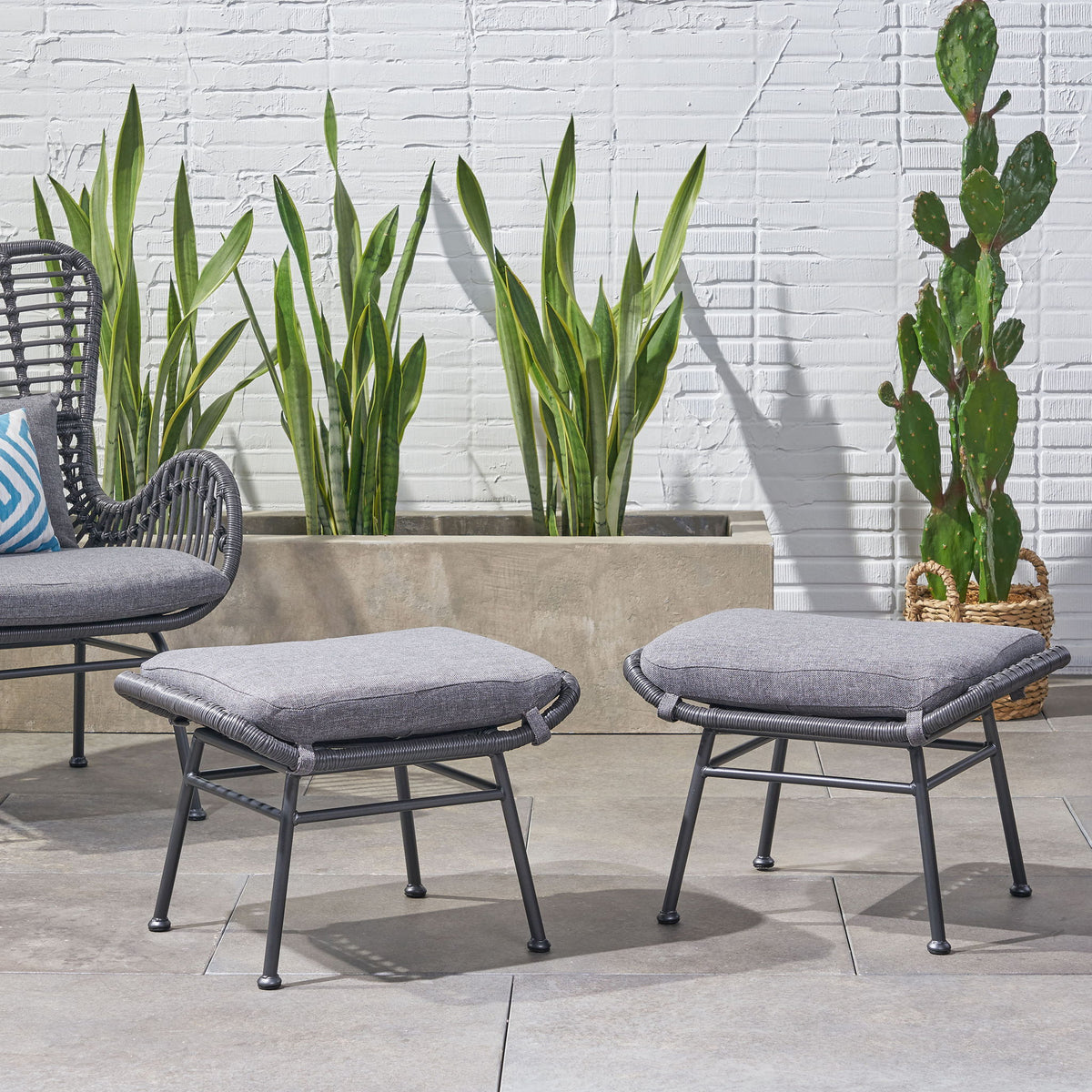 Outdoor Modern Boho Wicker Ottoman With Cushions (Set of 2)