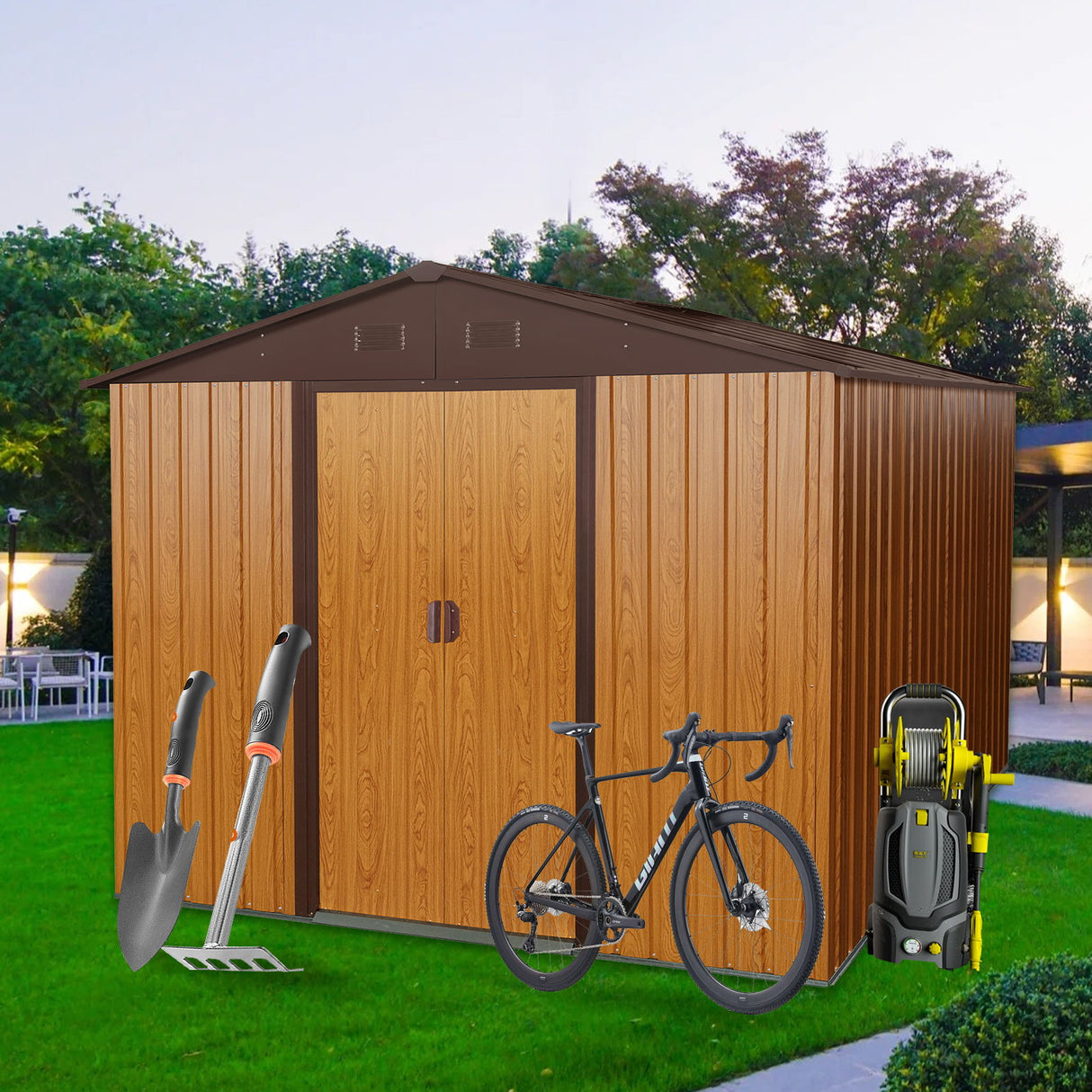 Outdoor Metal Storage Shed Garden Building Heavy Duty with Floor Base