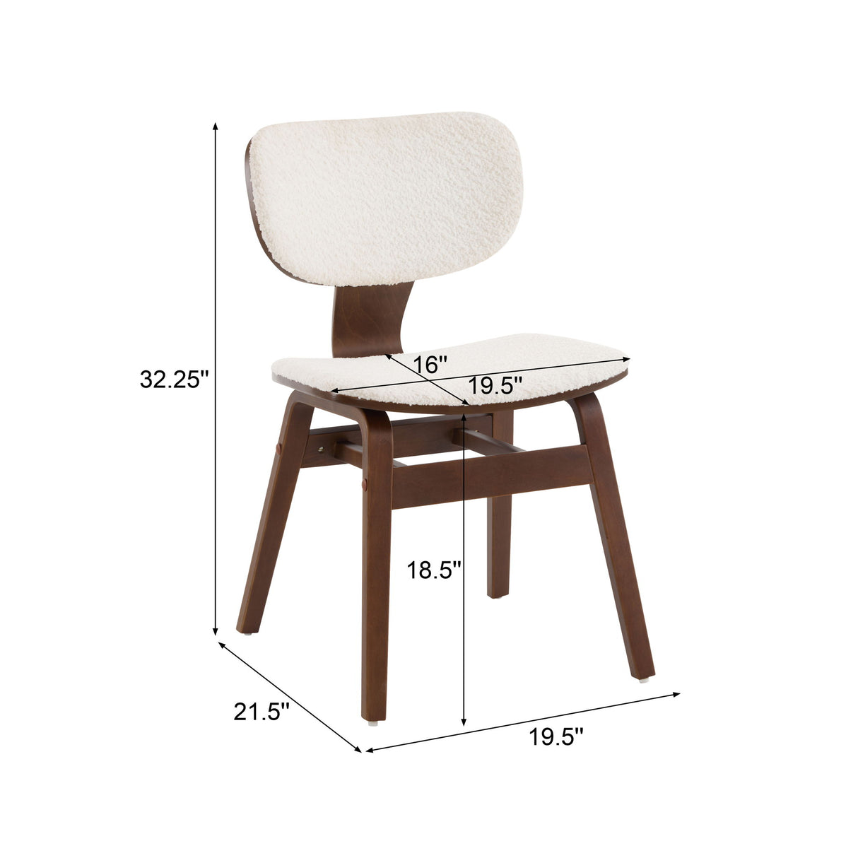 Modern Boucle Fabric Upholstered Side Chair, Bentwood Frame - White / Walnut