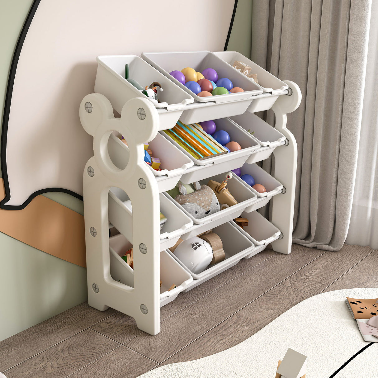 Multi Functional Kids Toy Storage Organizer Cabinet With Hdpe Shelf And 12 Bins - Gray White