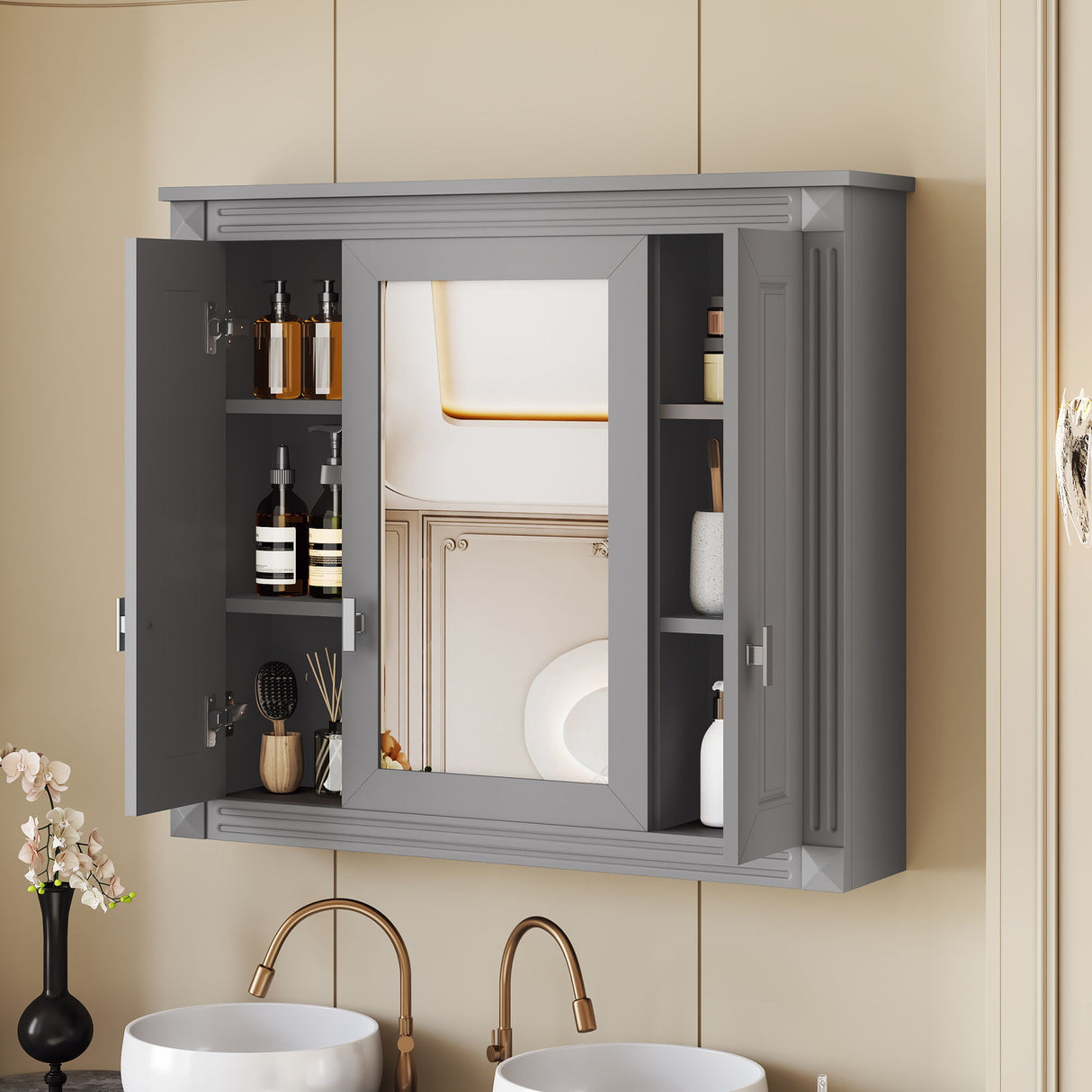 Wall Mounted Bathroom Cabinet With Mirror And 5 Shelves, Rectangular Design