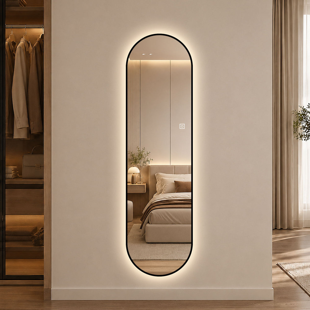 Capsule Shaped Dimmable LED Full Length Wall Mirror With Frame - Silver