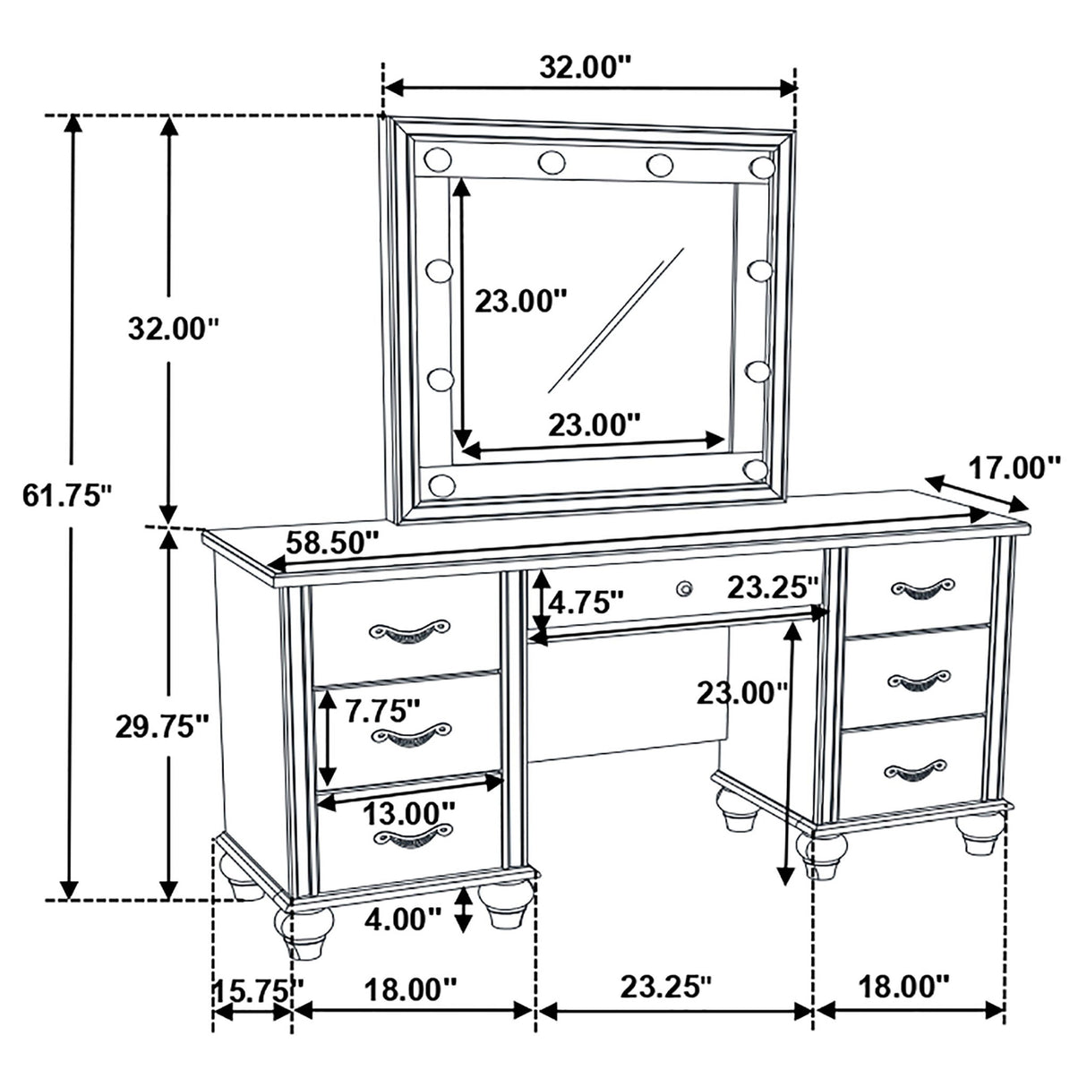 Charlotte - 7 Drawer Vanity Desk With LED Mirror - White