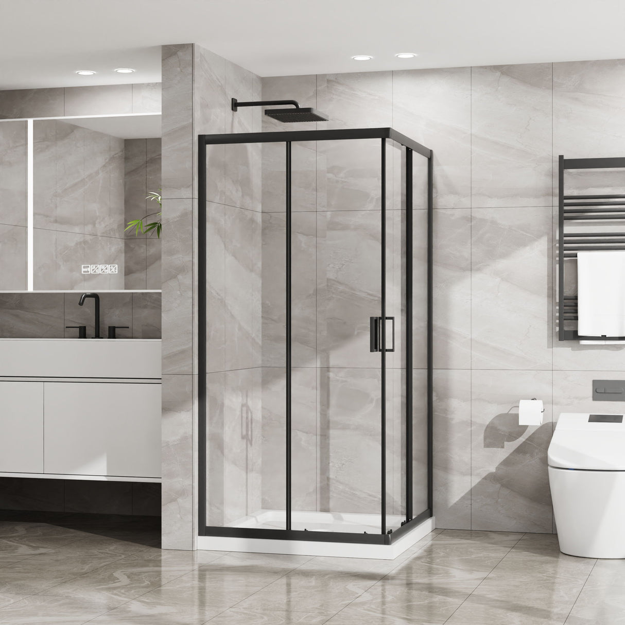 Corner Shower Door, Sliding Shower Enclosure - Matte Black