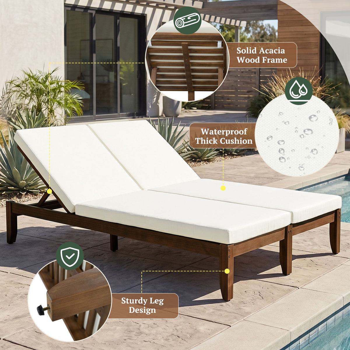 Adjustable Outdoor Patio Lounge Chair 2 Seater Recliner - Beige / Walnut