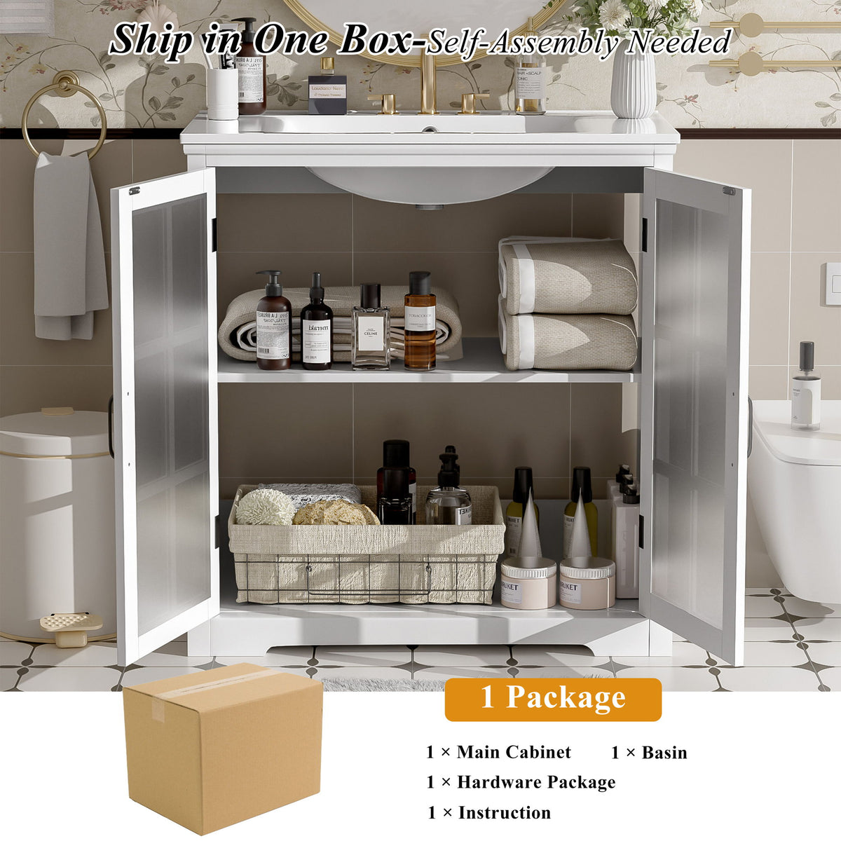 Modern Bathroom Vanity With Ceramic Sink, Tempered Blurred Glass Doors