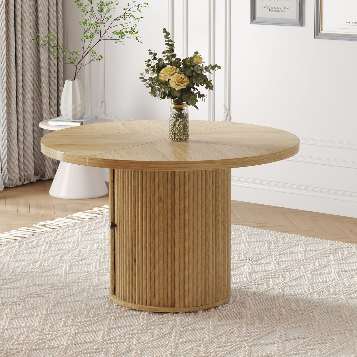Roman Column Round Dining Table With Double Layer Storage - Wood