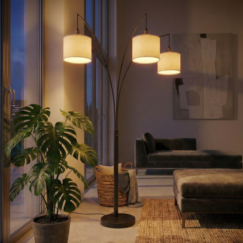 Royal 3-Arm Metal Arc Floor Lamp, Oil Rubbed Bonze with Linen Shade, 4 way Rotary Switch