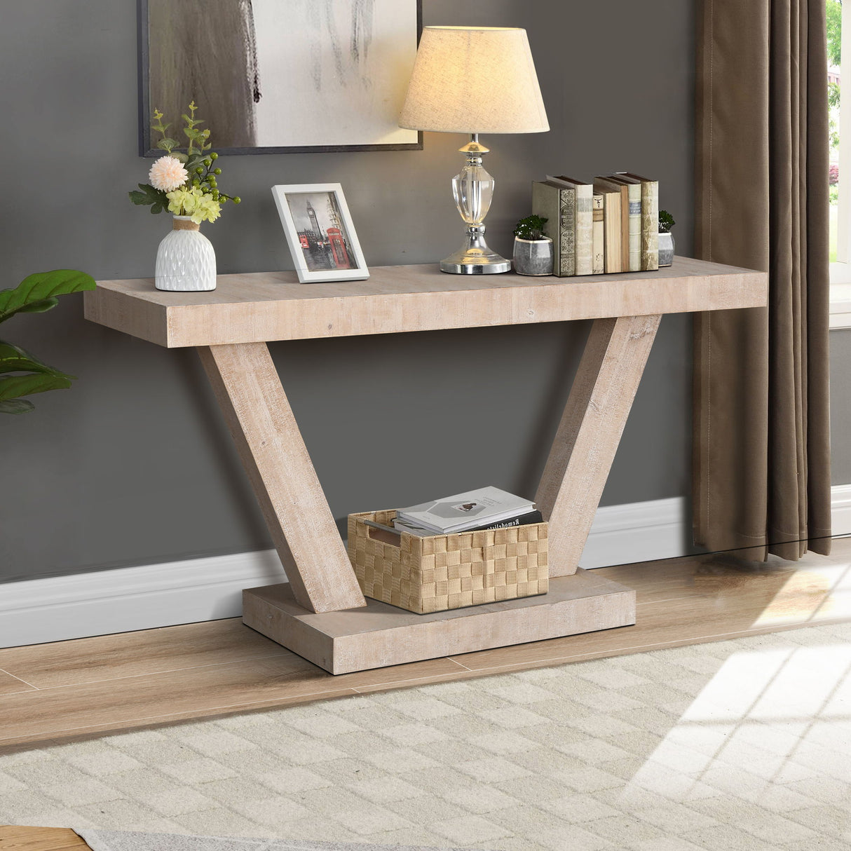 Vintage Distressed Wood Entryway Bench With 2 Tier Storage Cabinet