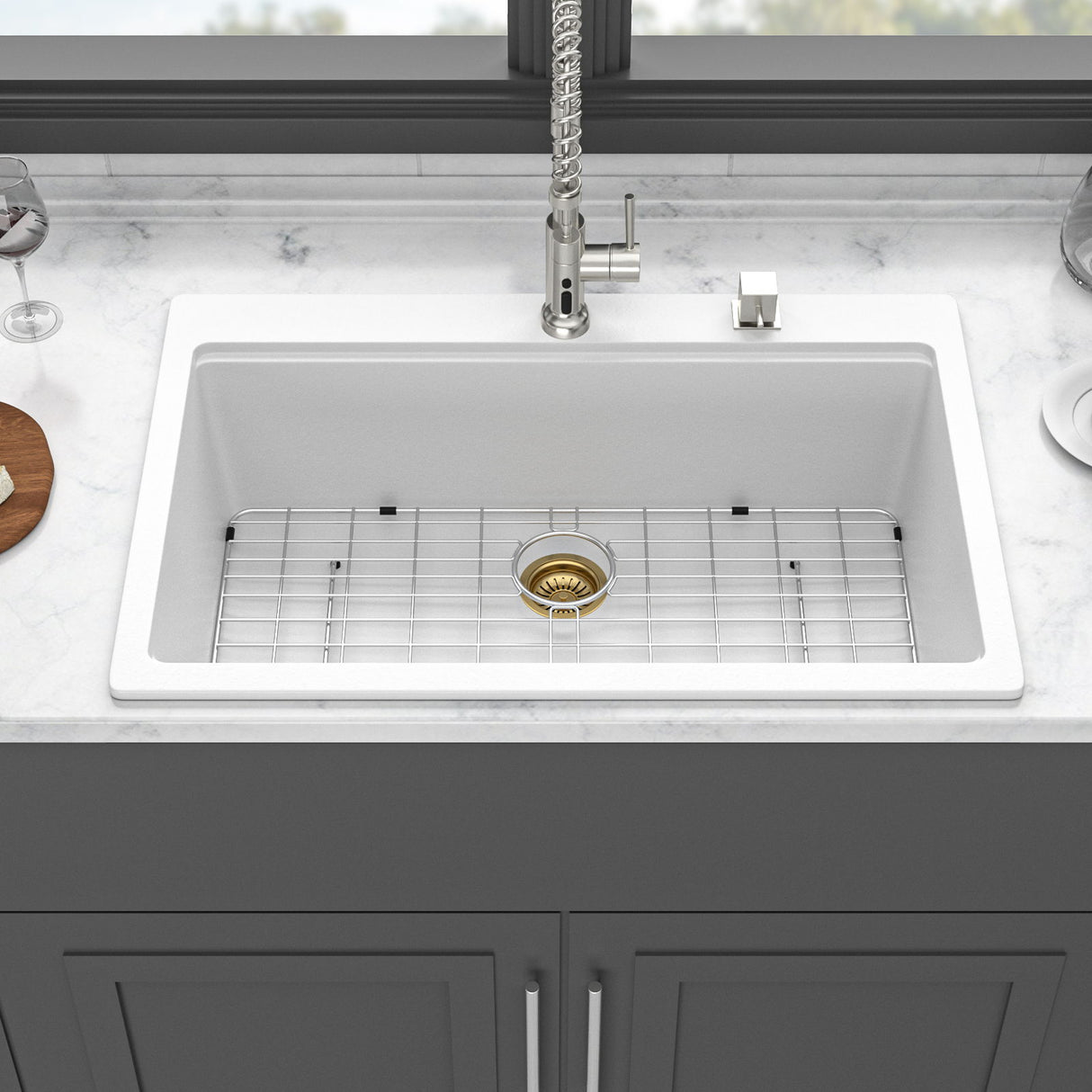 Granite Composite Quartz Kitchen Sink With Workstation Features And Drop In Design