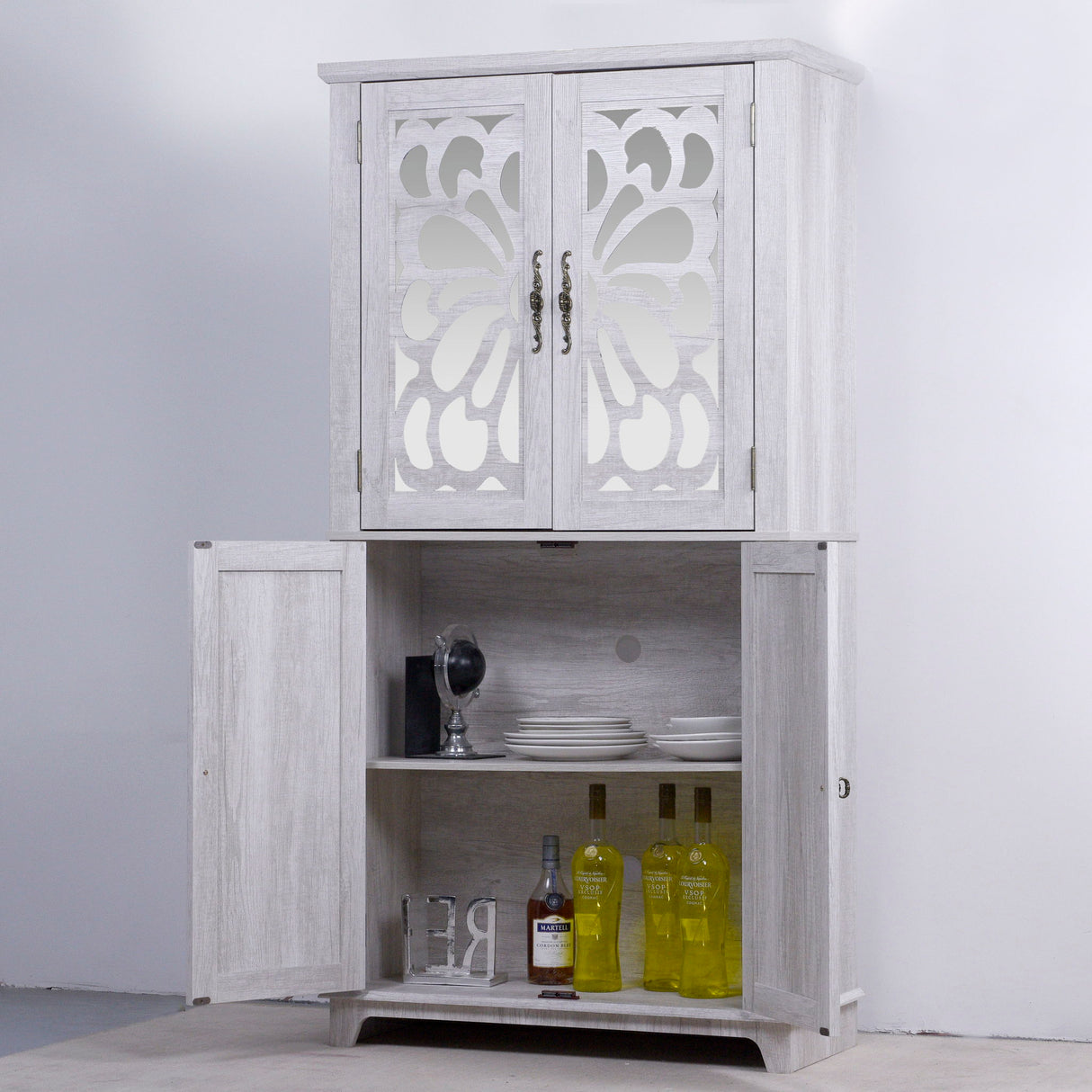 Modern Sideboard Buffet With 4 Mirrored Doors, Adjustable Shelves
