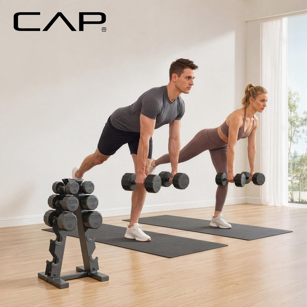 CAP 12-sided Rubber Dumbbell Set with Rack