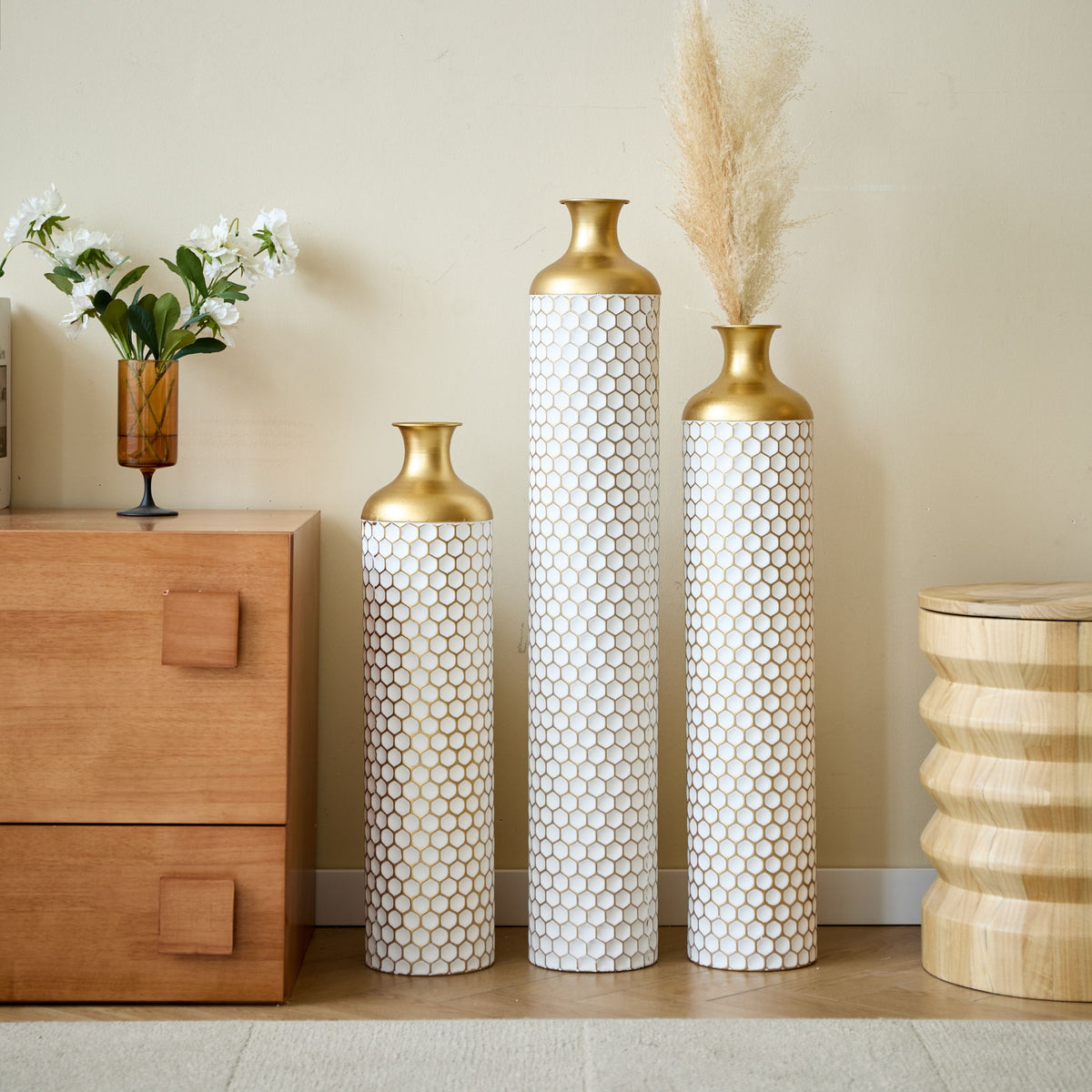 3 Piece Set Gorgeous Home Decoration Large Glazed Floor Vase Decoration Home Droplet Shaped - Gold / White