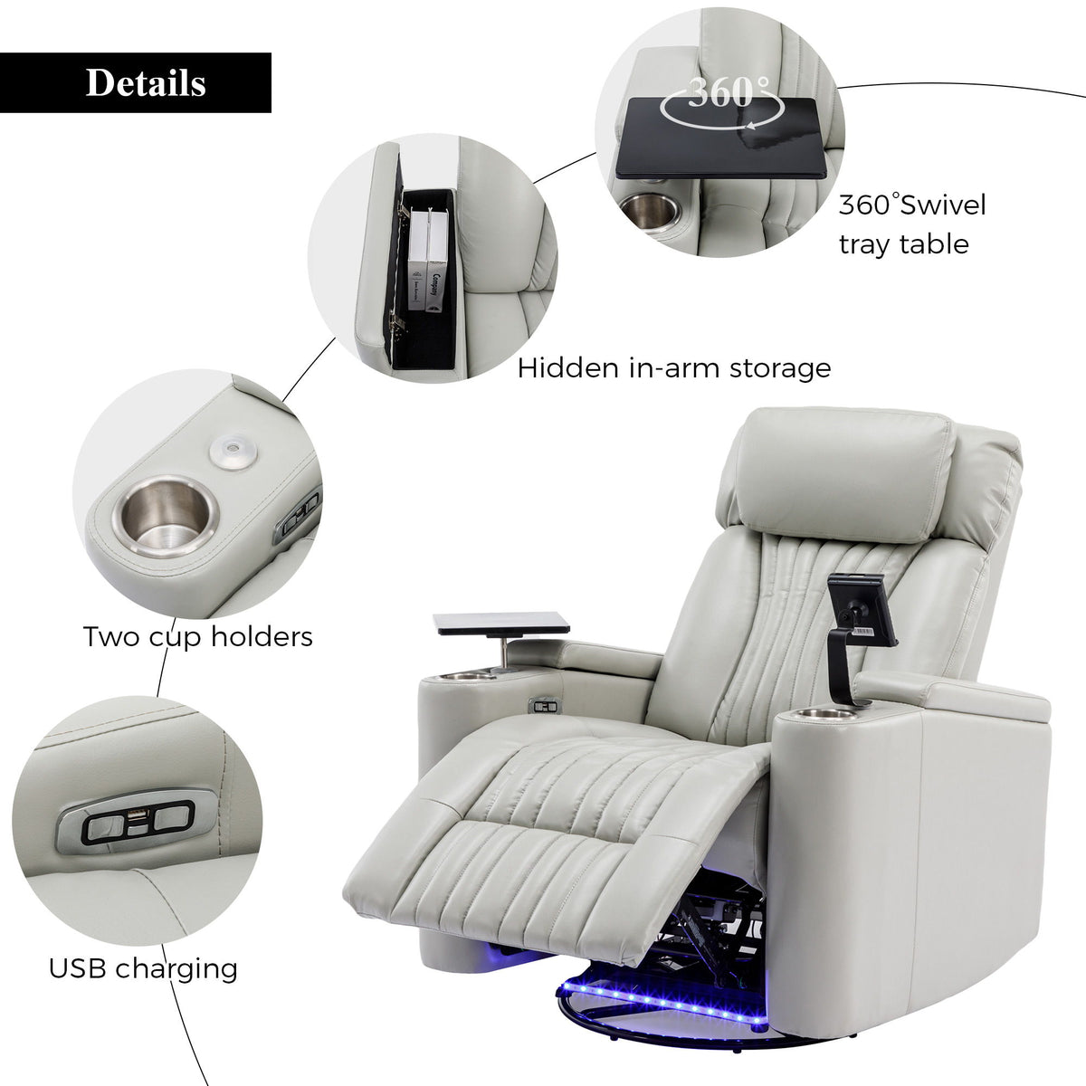 270° Power Swivel Recliner Home Theater Chair With Hidden Arm Storage, LED Light, Cup Holder, And Tray Table