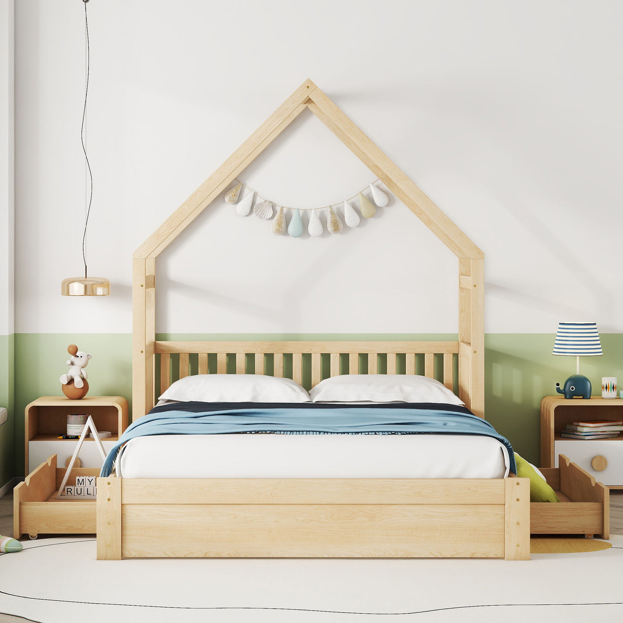 House Style Platform Bed With Guardrail And 2 Drawers