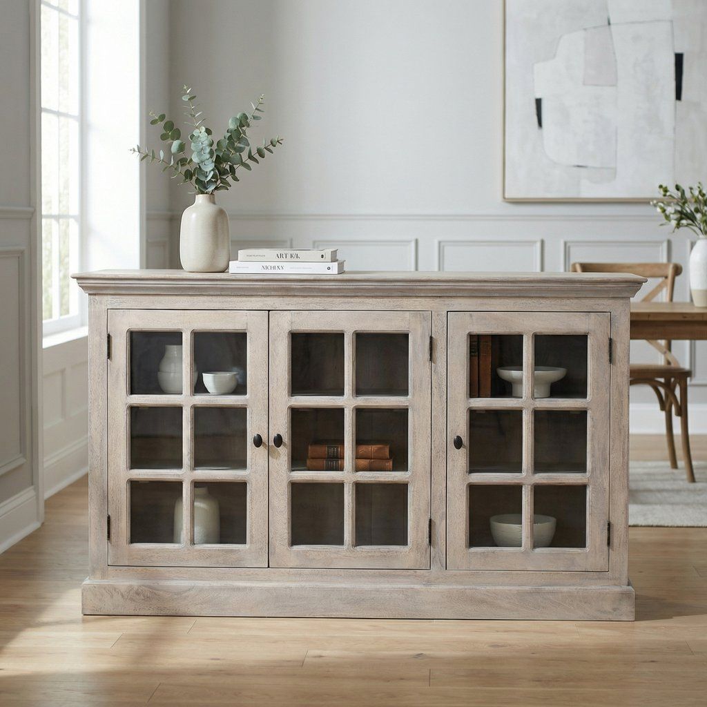 Triple Glazed Cabinet Sideboard Storage Buffet Solid Mango Wood 59x35in Gray