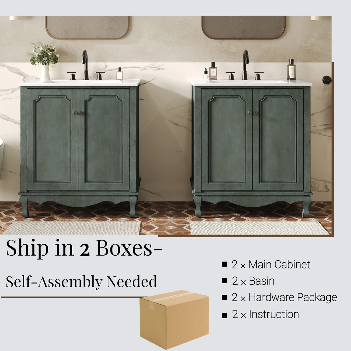 Double Sinks Bathroom Vanity Set, Vintage Bathroom Cabinet With 2 Separate Sinks - Antique Blue Green / Teal