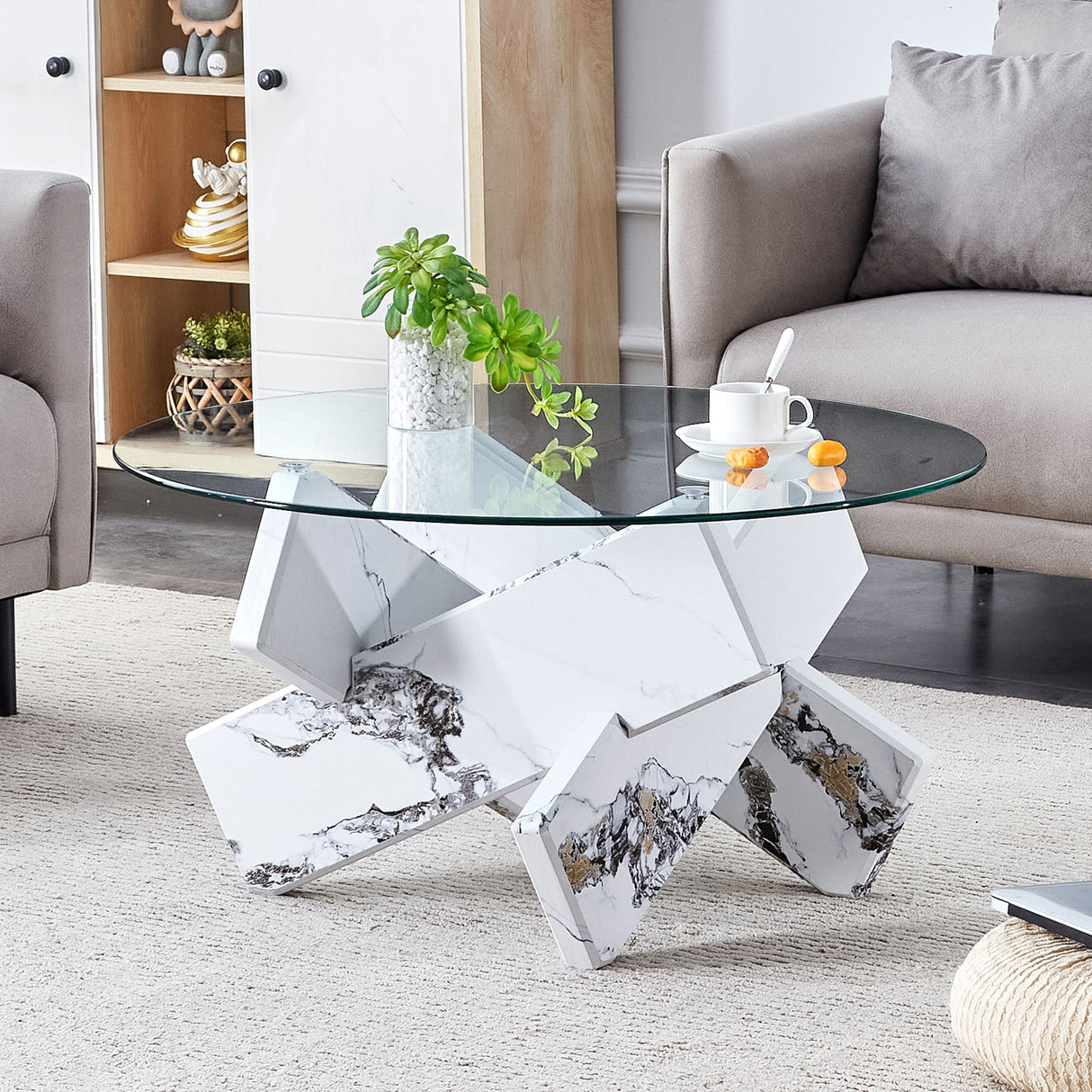 Modern Round Glass Coffee Table With Tempered Glass Countertop - White