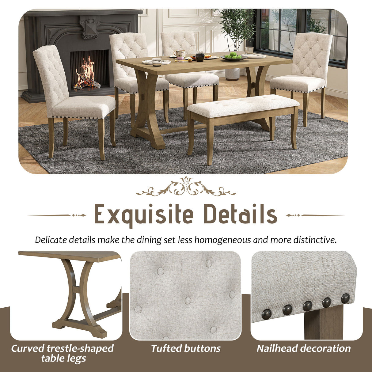Dining Table Set With 4 Upholstered Chairs And Bench