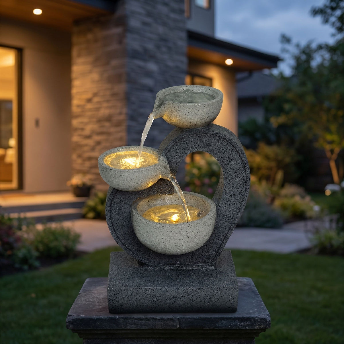 3 Tier Outdoor Water Fountain With Warm LED Lights, Stone Textured Cascading Design For Patio - Gray
