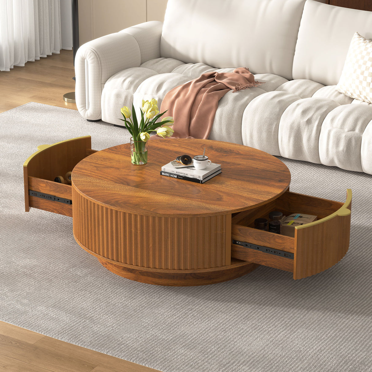 Farmhouse Round Coffee Table With Storage Drawer