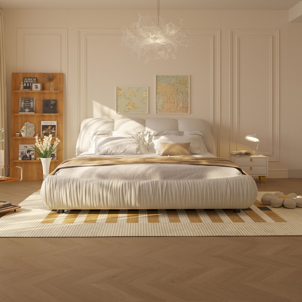 Luxury Upholstered Platform Bed With Oversized Padded Backrest And Solid Wood Frame
