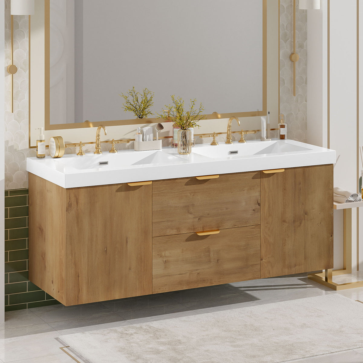 Double Sink Bathroom Vanity Soft Close Doors, Divided Drawers, Wall Mounted - Wood