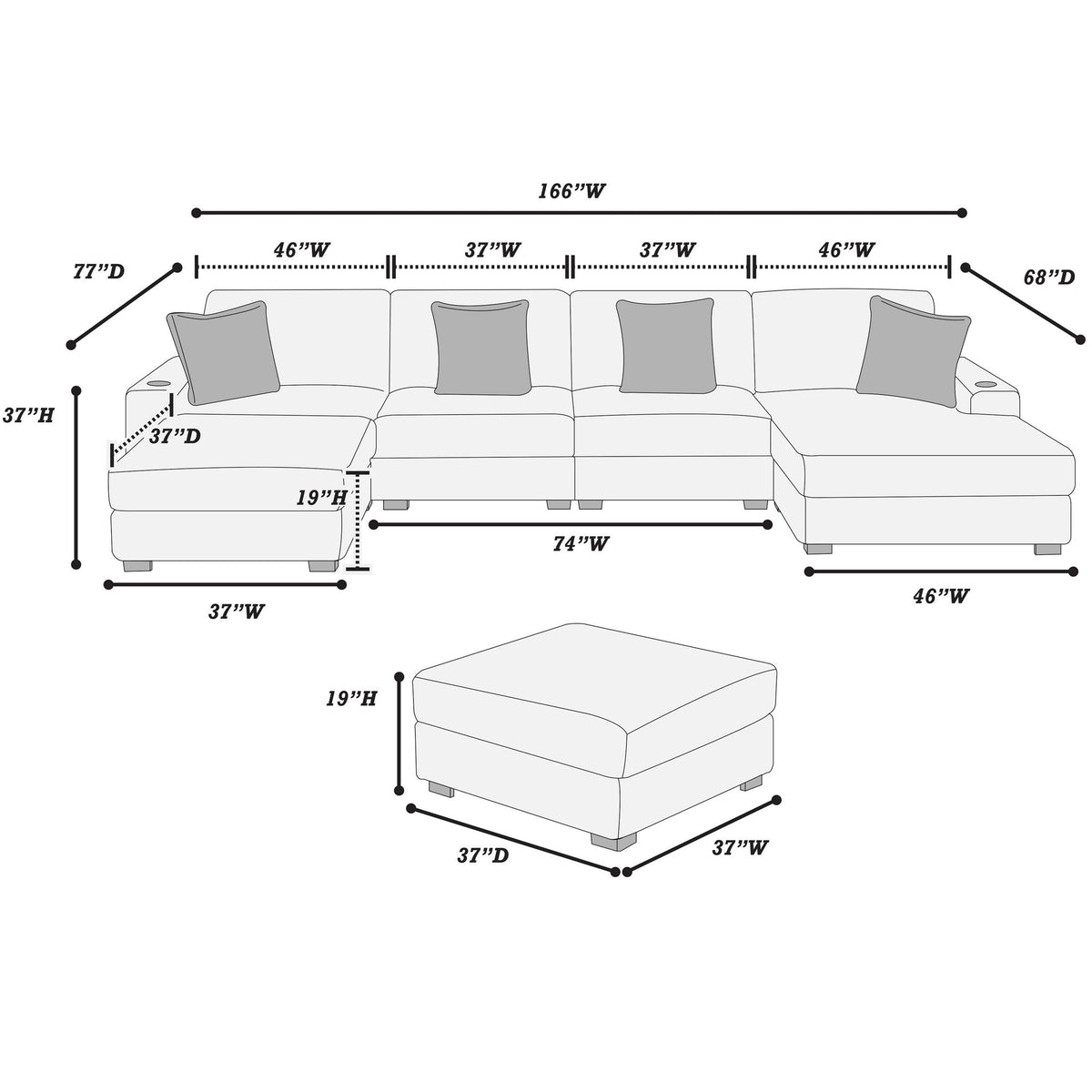 Contemporary Style Modular Sectional Sofa Set With USB, Cup Holder