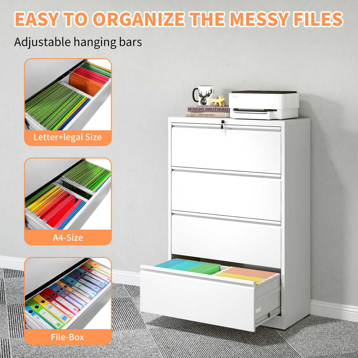 Lateral File Cabinet, Locking Heavy Duty, Anti-Tip Safety Interlock, Vertical Storage For Letter/Legal/A4 Files