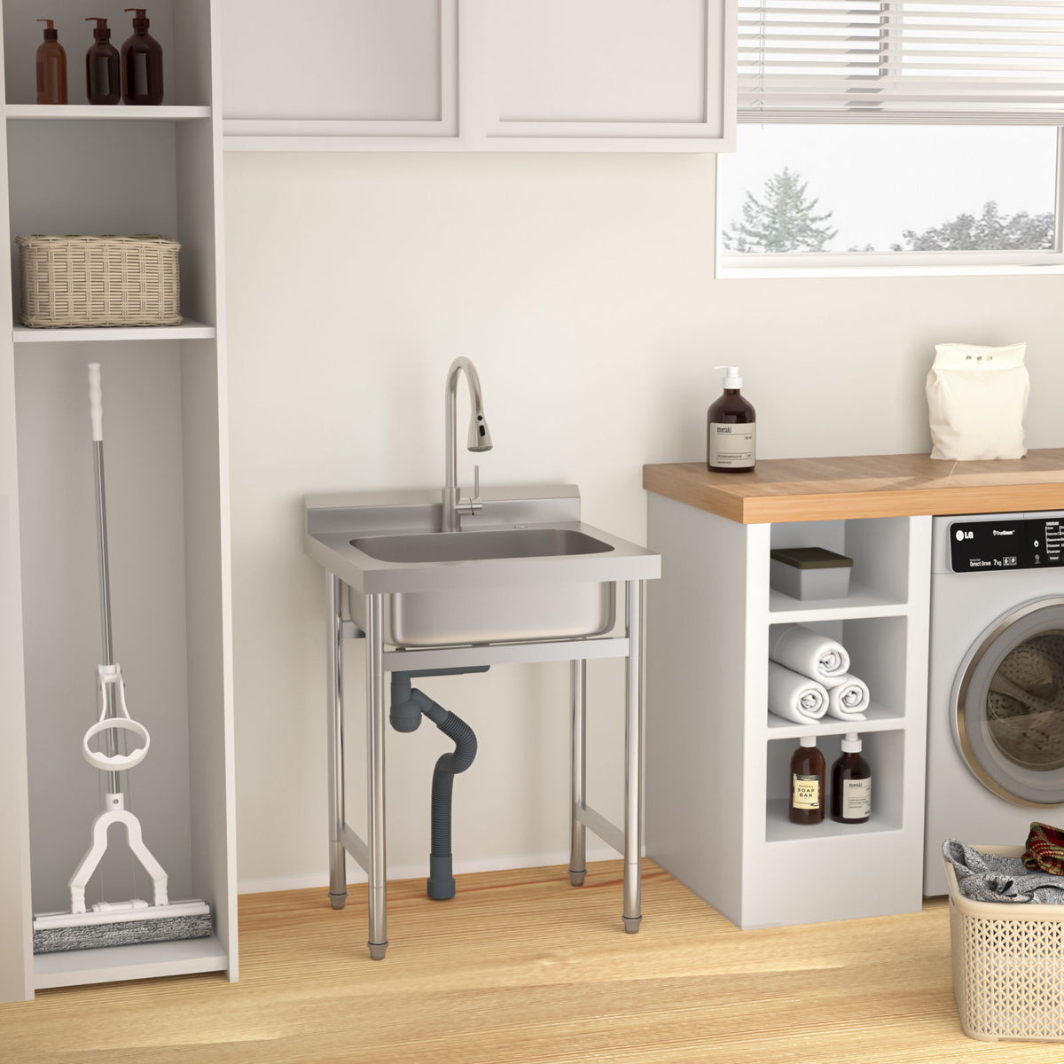 Single Bowl Utility Sink, Freestanding Commercial Kitchen Sink For Laundry Room - Brushed Nickel