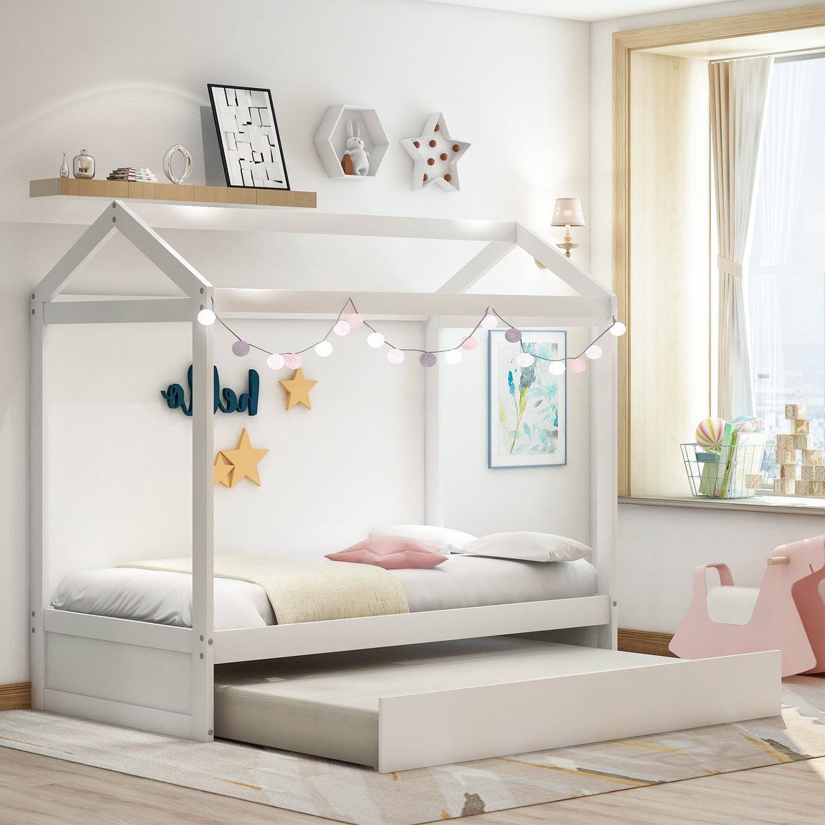 House Bed With Trundle In, Twin Size - White
