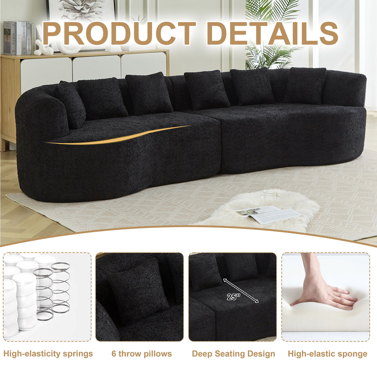 Curved Sectional Sofa With 6 Pillows