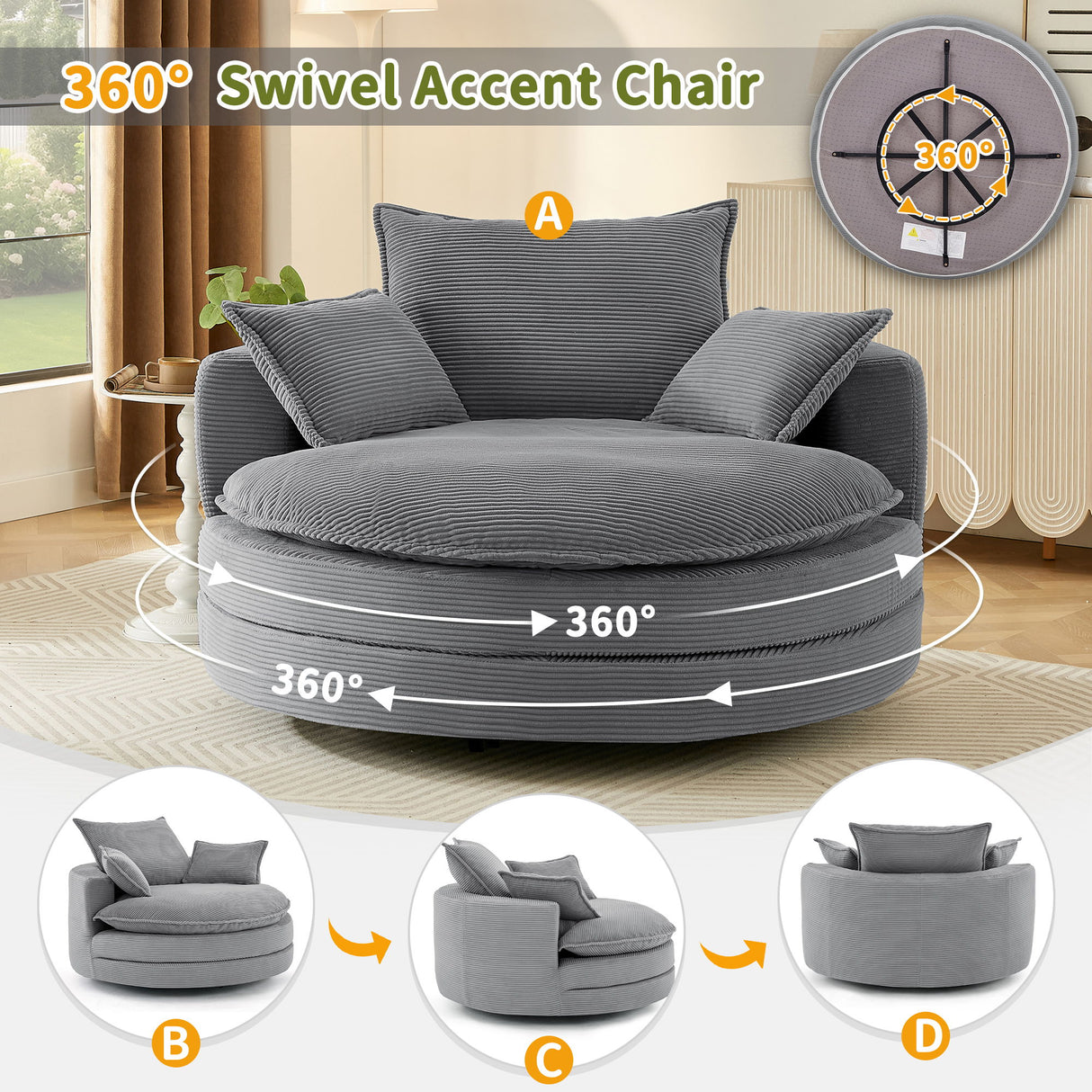 360° Swivel Accent Barrel Chair With Dual Layer Cushion And 3 Removable Pillows