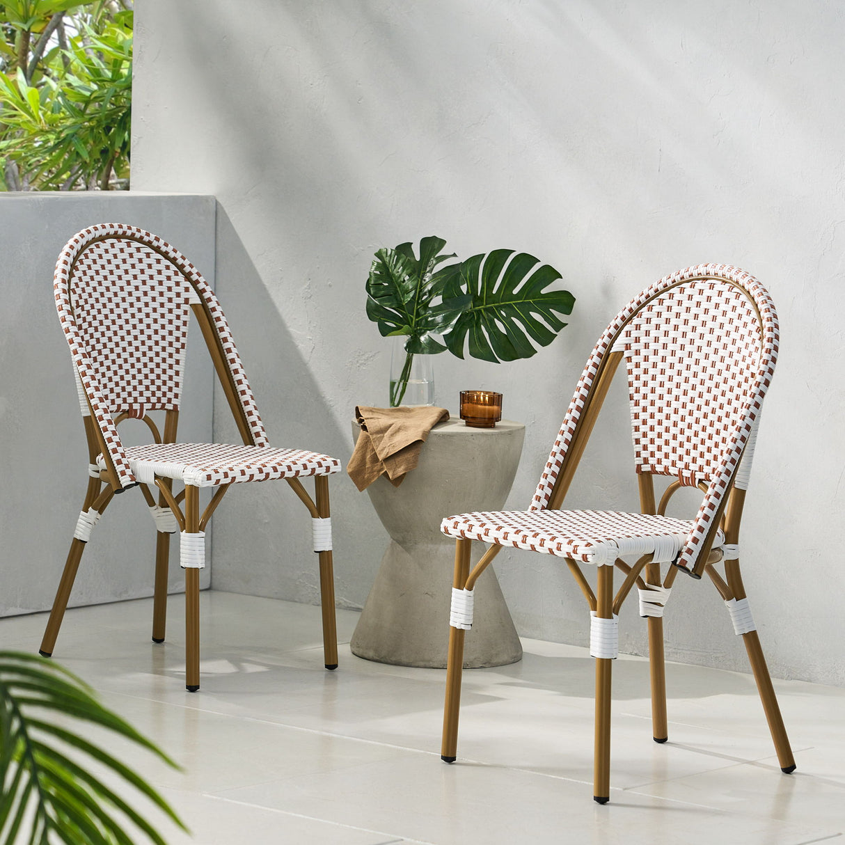 Outdoor Rattan And Aluminum French Bistro Chairs (Set of 2) Bamboo Print - Rust Red / White