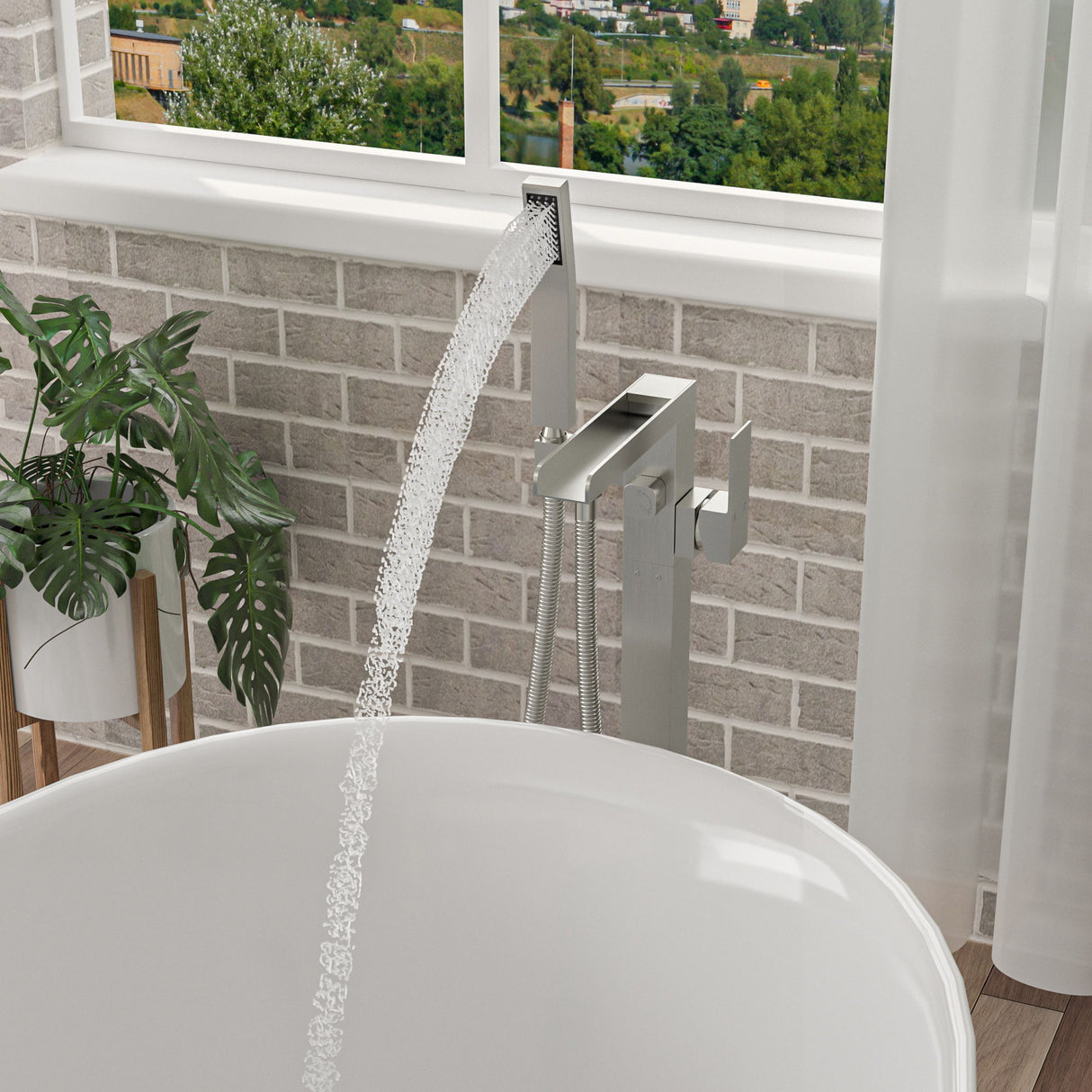Freestanding Bathtub Faucet Waterfall Tub Filler Floor Mount Solid Brass With Hand Shower - Brushed Nickel