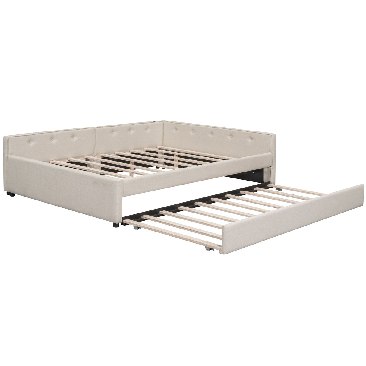 Queen Size Upholstered Platform Bed With USB And Twin Trundle - Beige