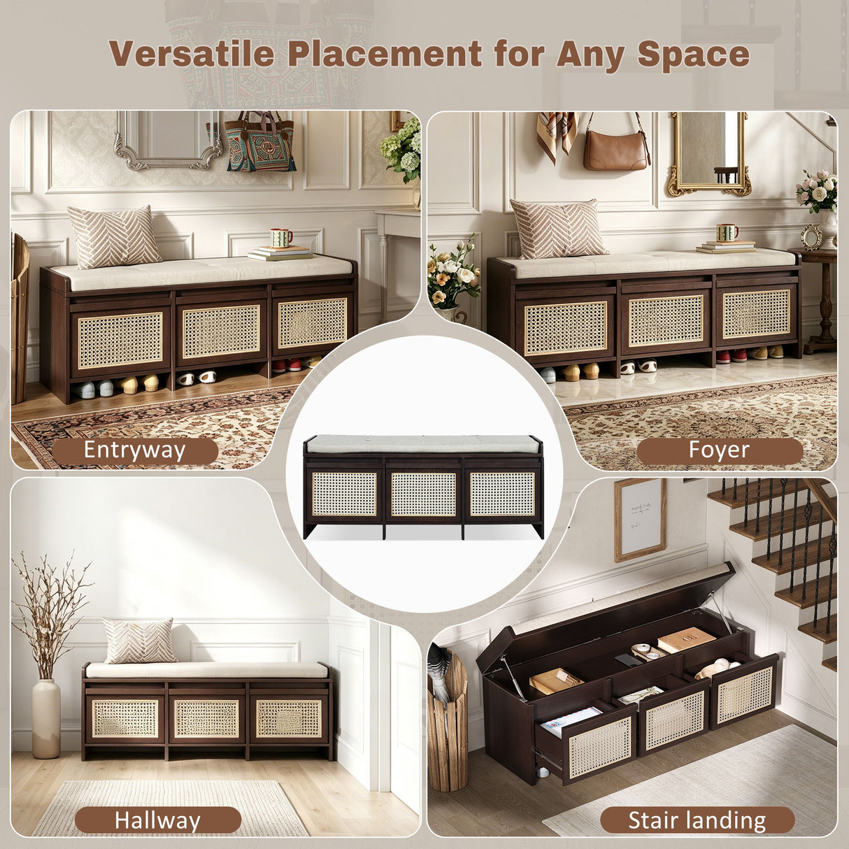 Entryway Shoe Bench With Drawers & Button Tufted Cushion