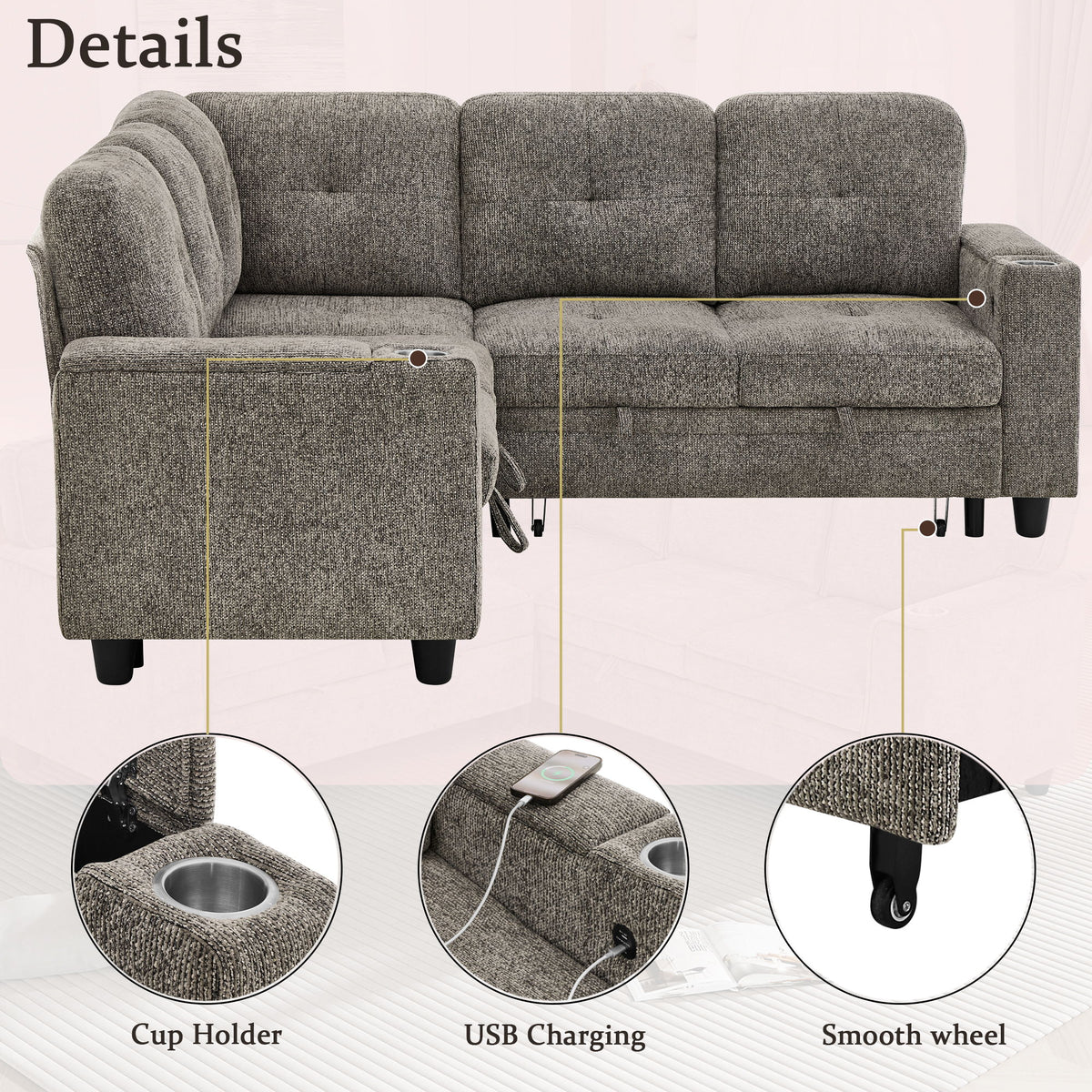 5 Seat Reversible L - Shaped Sleeper Sofa, Pull Out Convertible Sectional Couch With Storage, USB C - Charger, Cup Holders Modular Sofa Bed - Gray